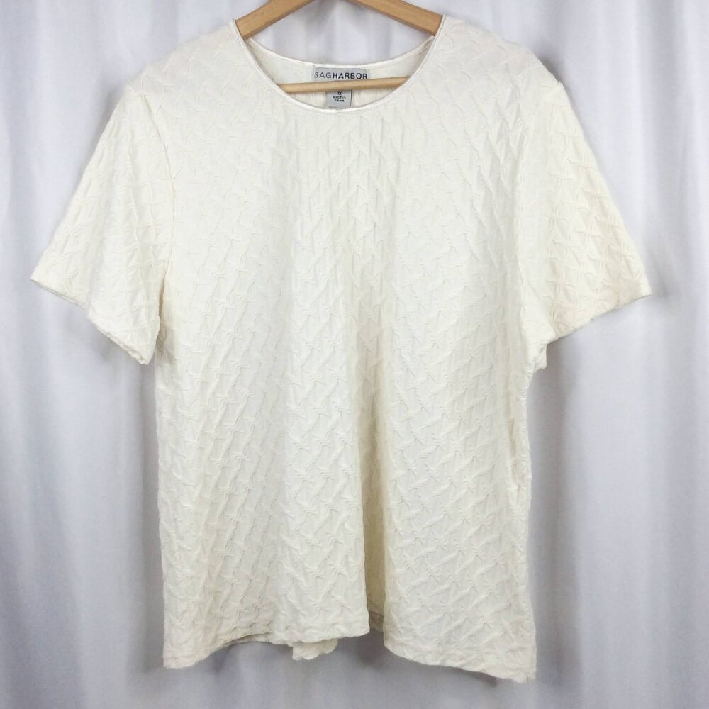 Sag Harbor Top Women's Plus Size 1X Vanilla White Textured‎ Short Sleeve Stretch